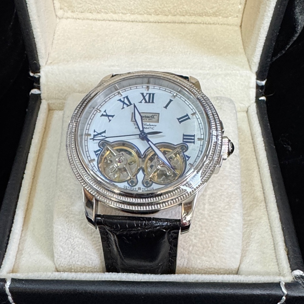 Ingersoll Silver Watch with White Dial and Black Leather Strap - Picture 2 of 2